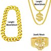 Riuziyi 4 Pack 80s 90s Hip Hop Costumes Outfit, Fake Gold Chain Money Chain, Twist Leg Punk Sunglasses, Dollar Sign Finger Ring for Men Women Rapper Accessories (Gold)