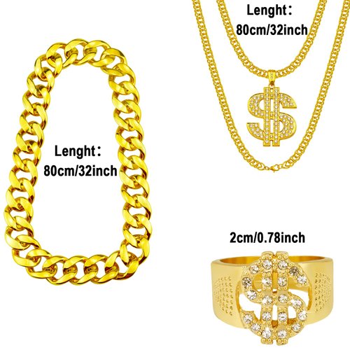 Riuziyi 4 Pack 80s 90s Hip Hop Costumes Outfit, Fake Gold Chain Money Chain, Twist Leg Punk Sunglasses, Dollar Sign Finger Ring for Men Women Rapper Accessories (Gold)