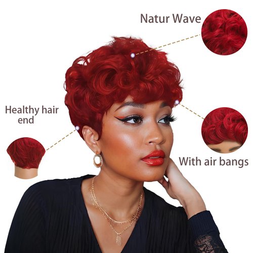 BOBCOO Short Red Wigs For Black Women Dark Red Curly Pixie Cut Wig Natural Hairstyles For Senior Women Layered Glueless Wigs For Black Women Red With Bang Synthetic Wigs For Black Women