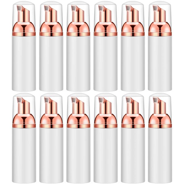 IRON BILL 2 Oz Empty Foam Pump Bottle (12PCS) Travel Foaming Soap Dispenser for Hand Soap, Lash Shampoo Cleanser (White&Rose Gold)