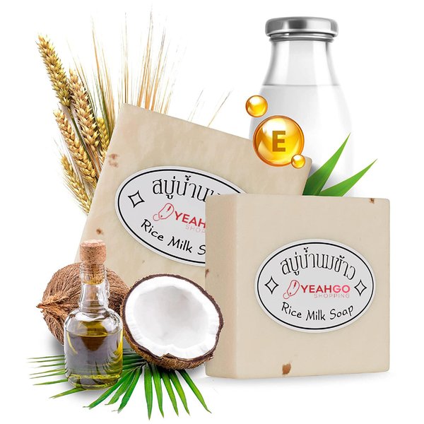 Yeahgoshopping 2 Pcs Original Rice Milk Soap Bar Thailand Jasmine Soap 60 - 65 Grams Handmade Gluta Collagen Douro Jabon Douro Real Fuentes Pourres Grade Moisturizing Organic Soap For Men Women Hand Soap, Body Bath Soap, Face Soap | Contain Coconut Oil Co