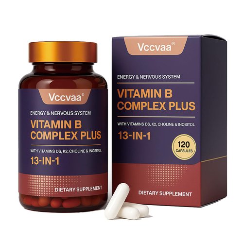 Vccvaa 13-in-1 Vitamin B Complex Plus with Biotin, Inositol, Folate, B12, C, D3, K2 – Energy, Nerve & Immune Support for Men & Women – Vegan, Non-GMO, 120 Capsules