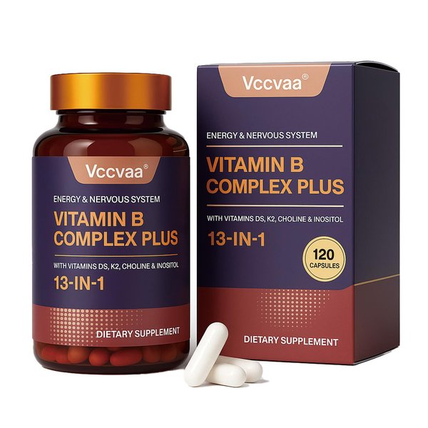 Vccvaa 13-in-1 Vitamin B Complex Plus with Biotin, Inositol, Folate, B12, C, D3, K2 – Energy, Nerve & Immune Support for Men & Women – Vegan, Non-GMO, 120 Capsules