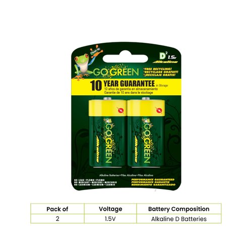 GoGreen Power (24004) Eco Friendly Alkaline D Batteries - No Lead, Cadmium or Mercury - Pack of 2