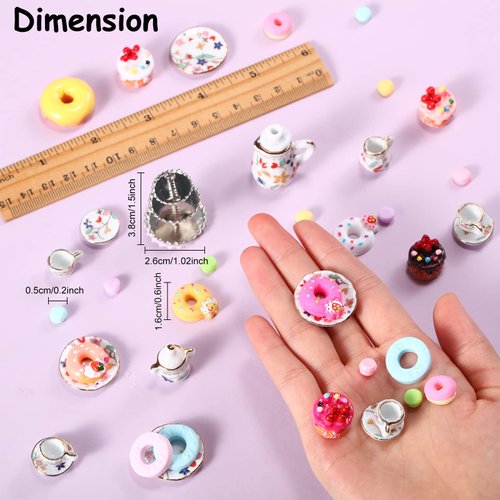 40 Pcs 1:12 Scale Dollhouse Miniature Kitchen Accessories Set Includes 15 Flower Pattern Porcelain Tea Cup 24 Mixed Pretend Cake Foods 1 Mini Three-Tier Cake Stand for Decor Supply (Vivid Style)