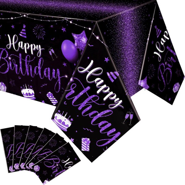 Tudomro Happy Birthday Tablecloths Happy Birthday Decorations Plastic Table Cover Rectangular Cloths for Women Men Baby Shower Birthday Party Supplies, 108 x 54 Inch (Black Purple,6 Pcs)