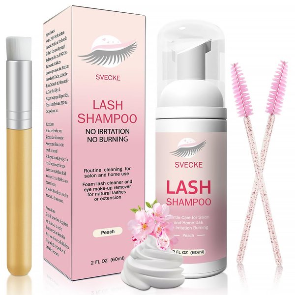 SVECKE Lash Shampoo Kit for Eyelash Extension, Eyelash Shampoo 2 fl.oz / 60ml, Eyelash Extension Cleanser, Lash Eyelid Foam Cleaning Kit for Salon Use and Home Use (Peach)