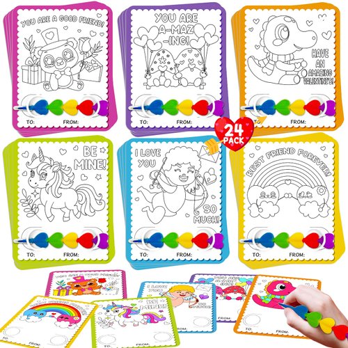 Valentines Day Cards for Kids School, 24 Stacking Heart Crayons with 24 Valentines Day Coloring Exchange Cards for Kids Classroom Treats Prizes Supplies Valentines Party Favors for Boys Girls