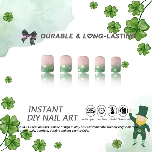 St. Patrick's Day Press on Nails Short Square French Fake Nails Green Gradient Full Cover White Clover False Nails with Designs Glossy Glue on Nails Acrylic Artificial Nails for Women Girls 24Pcs