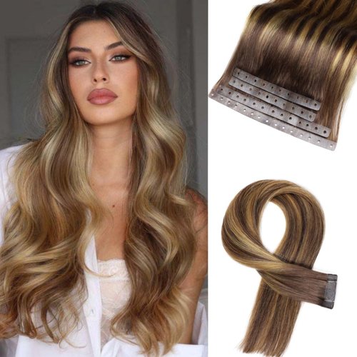 Hanne Fashion Human Hair Extensions T4/27 Highlight Honey Blonde Remy Human Hair Extensions with Holes Invisible PU Tape in Hair Extensions Glueless Hair Extensions for Women (35g 4Pcs,18 Inch)