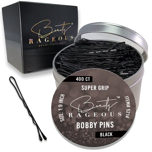 Super Grip Bobby Pins - Women's 1.9 Inch - Easy, Secure, All Hair Types - Handy Reusable Tin (Black - 400 Ct Approx)