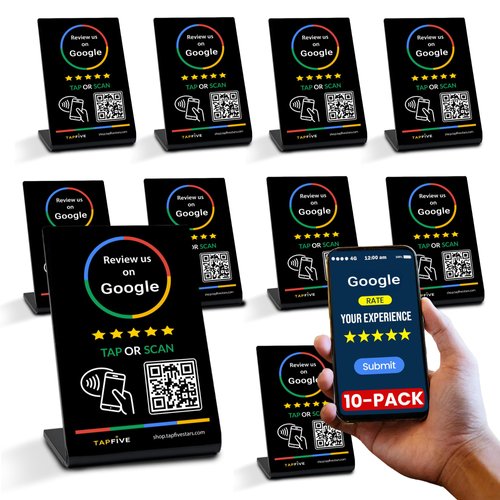 TapFive Google Review Stand compatible with Google Reviews - Tap for Instant Reviews - All Phones Compatible - Reusable Smart Tap NFC & QR - Boost Business Reviews - Zappy Fast (Black, 10-Pack)