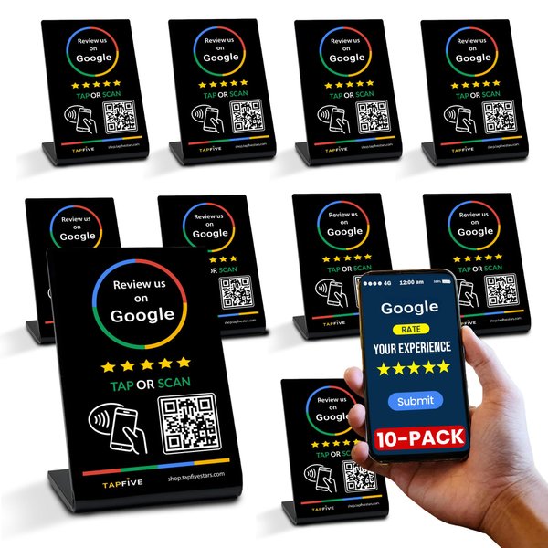 TapFive Google Review Stand compatible with Google Reviews - Tap for Instant Reviews - All Phones Compatible - Reusable Smart Tap NFC & QR - Boost Business Reviews - Zappy Fast (Black, 10-Pack)