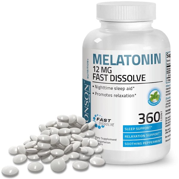 Bronson Melatonin 12mg Fast Dissolve Nighttime Sleep Aid Support & Relaxation Support, 360 Peppermint Vegetarian Lozenges