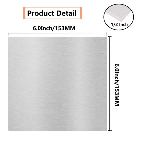 6061 T651 Aluminum Sheet Metal 6 x 6 x 1/2 (12.7MM) Inch Flat Plain Aluminum Plate Covered with Protective Film, Heat Treatable Rectangle 0.50" Thick Aluminum Metal Platefor Crafting, Industry