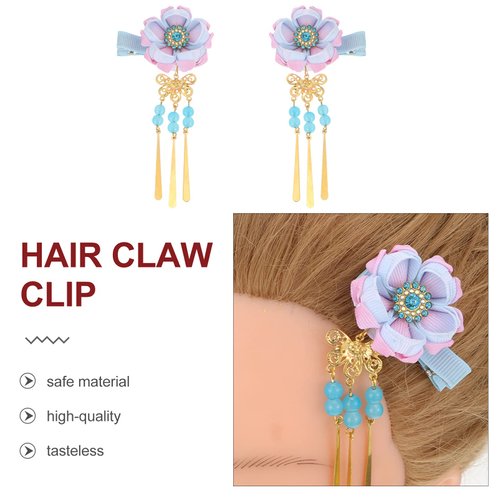 Lurrose 1 Pair Japanese Style Hair Clips Tassel Flower Kimono Traditional Hairpins Barrette Cherry Blossom Hair Clamp Bride Hanfu Accessory for Womens Girls (Blue)