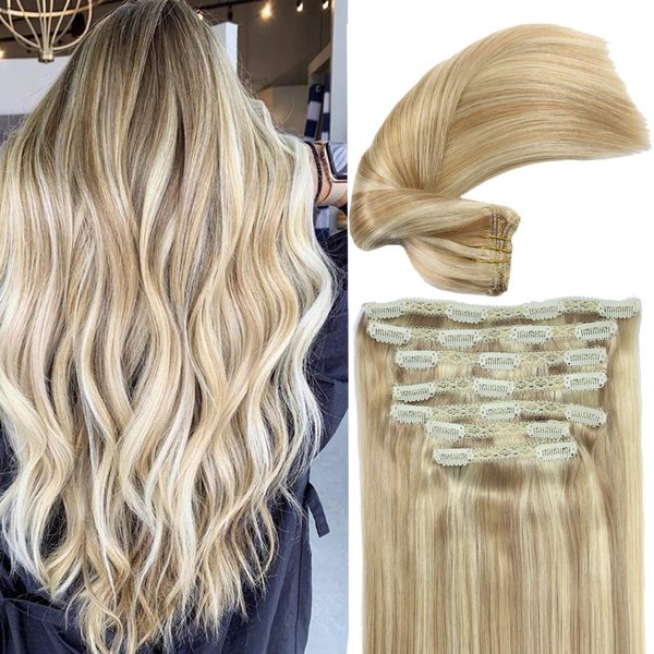 Eufficco Human Hair Lace Clip In Hair Extensions Thick Ends 20inch 120g Highlights Piano Color Dirty Blonde/Bleach Blonde Mixed Remy Hair Extensions Silky Soft Lace Backed Clip On Hair Extensions