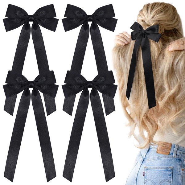 CN 4 PCS Hair Bows for Girls, White Hair Ribbon Clips for Women, Silk Satin Ribbon Bows for Hair with Long Tassel Tail Alligator Clips Hair Accessories for Adult (Black 2)