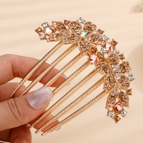 Missgrace Boho Prom Party Shiny Flower Floral Hair Combs Blue Pink Purple Bridal Wedding Hair Crystal Rhinestones Women Hair Side Combs Hair Accessories for Women (Champagne)