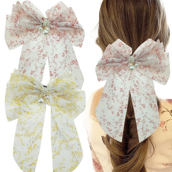 2 PACK Floral Hair Bows Clips for Women Girls,Big Pearl Hair Bow Clip with Tail, Flower Bowknot Hair Barrettes Apricot Ribbon Hair Accessories for Hair Bride Wedding