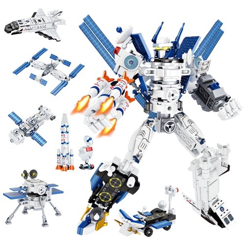 WULOBOOI 6 in 1 Space Transforming Mech Building Block Sets, STEM Robot Warrios Space Station Exploration Shuttle Rockets Building Kit, Cool Christmas Birthday Gifts for Adults Kids 10+ (527 PCS)