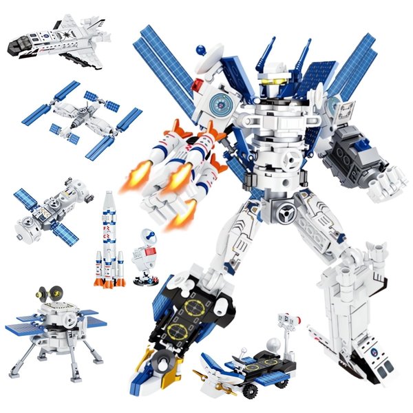 WULOBOOI 6 in 1 Space Transforming Mech Building Block Sets, STEM Robot Warrios Space Station Exploration Shuttle Rockets Building Kit, Cool Christmas Birthday Gifts for Adults Kids 10+ (527 PCS)