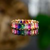 Eternity Rainbow Ring Wedding Band for Women | 18K Gold Plated Emerald-Cut Rainbow Multi Color Created-Gemstone Eternity Ring (Gold, 7)