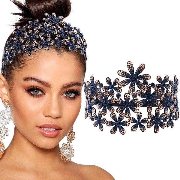 Bouory Rhinestone Wide Headband Glitter Flower Hairband Crystal Turban Head Bands Non Slip Headhoop for Women (Dark blue)