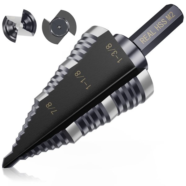 MACXCOIP M2 Step Drill Bit, 3/16 to 1-3/8 in, Double Fluted, Cutting Drill Bit for Stainless Steel, Metal, Aluminum, Copper, Wood, PVC