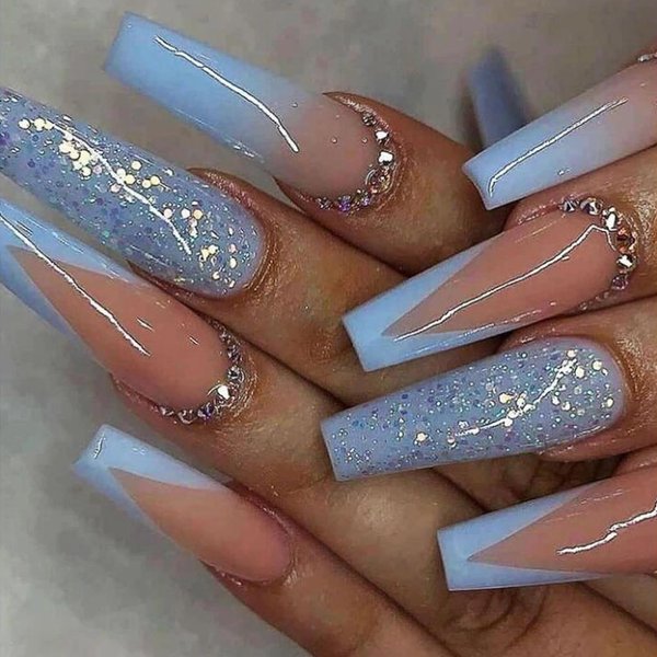 MISUD Long Coffin Press on Nails Ballerina Fake Nails Glossy Glue on Nails Blue French Tip Acrylic Nails Bling Glitter Artificial Nails 3D Rhinestone Stick on False Nails with Gradient Design 24 pcs