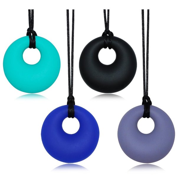 Chew Necklaces for Sensory Kids, Silicone Chewy Necklace Sensory 4 Pack for Boys Girls with Autism ADHD Anxiety Reduce Fidgeting, Oral Chew Toys for Kids and Adults Chewing, BPA Free