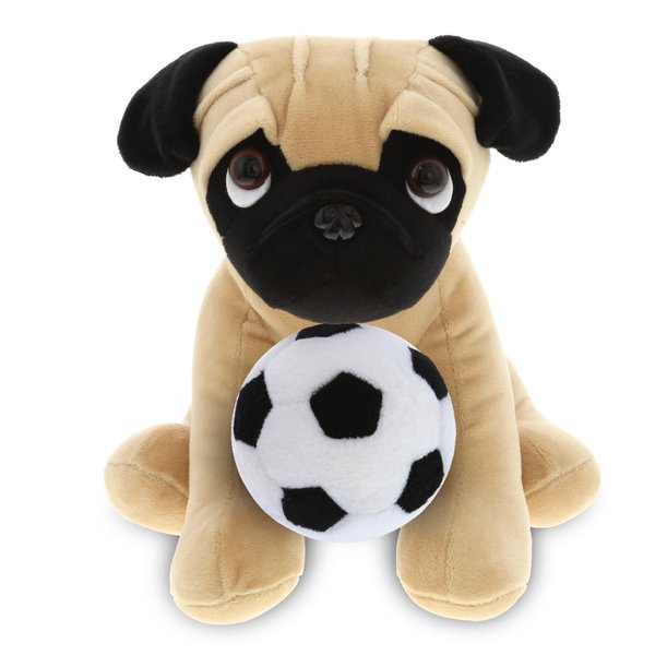 DolliBu Pug Dog Stuffed Animal with Soccer Ball Plush - Soft Huggable Pug Dog, Adorable Playtime Pug Dog Plush Toy, Cute Pet Dog Gift, Super Soft Plush Doll Animal Toy for Kids and Adults - 8 Inches