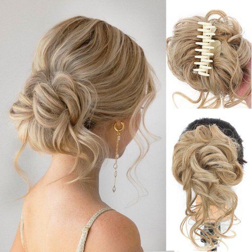 WZNBBOY Messy Bun Hair Piece Claw Clip Synthetic Chignon Tousled Updo with Tendrils Hair Extensions Hair Bun Curly Wavy Faux Hair Bun Hair Scrunchies Hair Accessories for Women (Medium Blonde)