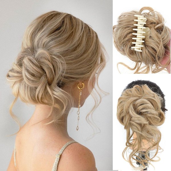 WZNBBOY Messy Bun Hair Piece Claw Clip Synthetic Chignon Tousled Updo with Tendrils Hair Extensions Hair Bun Curly Wavy Faux Hair Bun Hair Scrunchies Hair Accessories for Women (Medium Blonde)