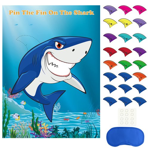 FEPITO Pin The Fin on The Shark Game with 24 Pcs Fins for Shark Birthday Party Decoration, Party Supplies