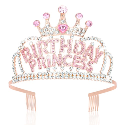 Wecoe Rose Gold Birthday Princess Crown with Combs Birthday Girls Rhinestone Tiara Headband Happy Birthday Party Favors Decorations Teens Kids 13th 16th 18th 21st 25th Birthday Gifts for Her