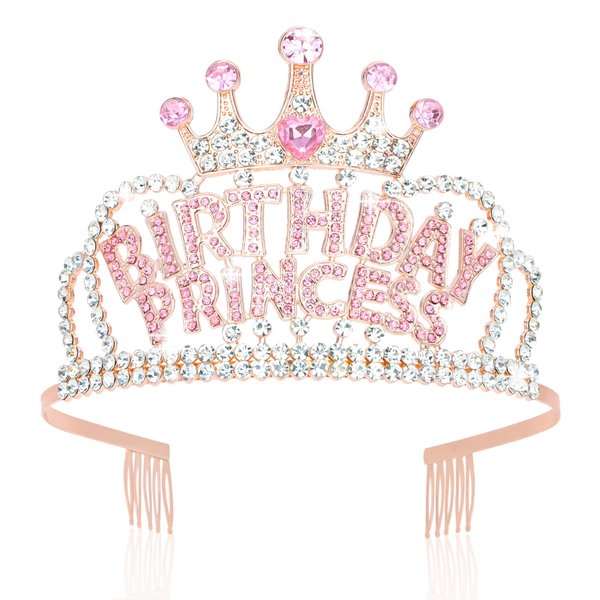 Wecoe Rose Gold Birthday Princess Crown with Combs Birthday Girls Rhinestone Tiara Headband Happy Birthday Party Favors Decorations Teens Kids 13th 16th 18th 21st 25th Birthday Gifts for Her