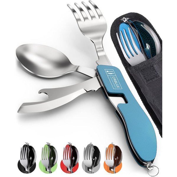 Orblue 4-in-1 Camping Utensils, 2-Pack - Portable Stainless Steel Spoon, Fork, Knife & Bottle Opener Combo Set - Travel, Backpacking Cutlery Multitool, Blue