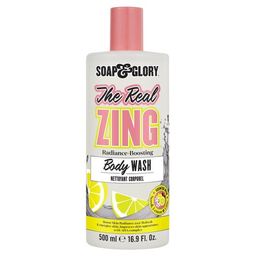 Soap & Glory The Real Zing Radiance Boosting Body Wash - Hydrating & Brightening Skin Cleanser & Shower Soap with AHAs - Citrus Scented Moisturizing Body Wash (500ml)