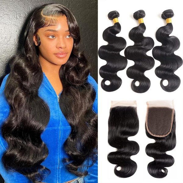 12A Human Hair Bundles With Closure (16 18 20 + 14 Free Part Closure) 4x4 Lace Closure With 3bundles Body Wave Unprocessed Brazilian Virgin Human Hair Bundles With Closure 150% Density