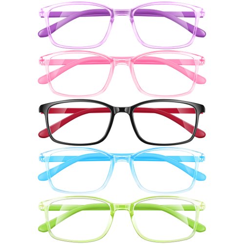 azuza Kids Blue Light Blocking Glasses 5 Pack, Anti Eyestrain & UV Protection, Computer Gaming TV Phone Glasses for Teens Boy Girls Age 3-14 (5pack Transparency)