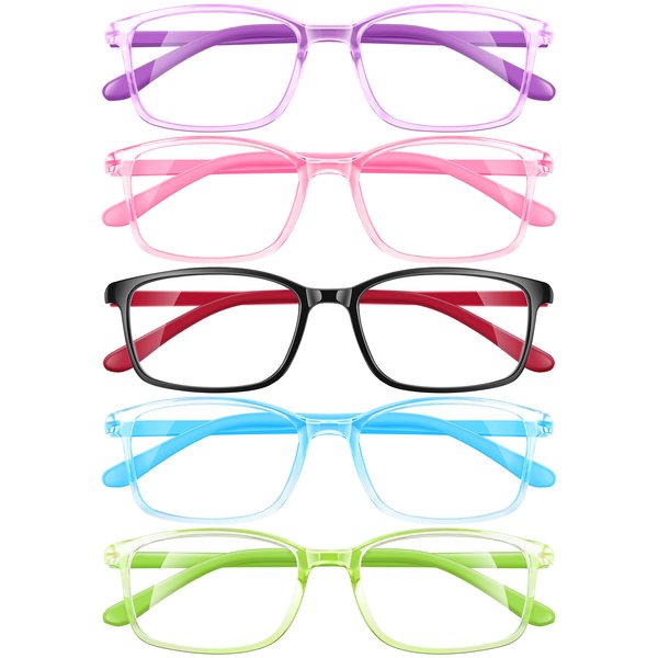 azuza Kids Blue Light Blocking Glasses 5 Pack, Anti Eyestrain & UV Protection, Computer Gaming TV Phone Glasses for Teens Boy Girls Age 3-14 (5pack Transparency)