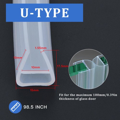 Door Seal, Akamino Frameless Shower Door Bottom Seal - 98.5 Inch Glass Shower Door Sweep Fit for 10mm (3/8”) Glass Door - Stop Shower Leaks and Create a Water Barrier，U Type