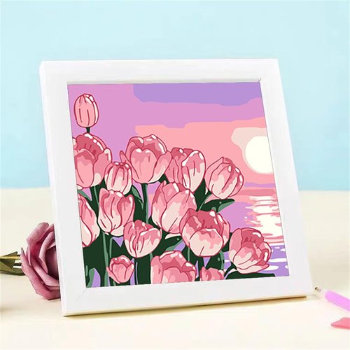 ZRIZQ Paint by Numbers for Adults Beginner Kids Ages 6-8-12 with Wooden Frame,Easy Paint by Numbers for Gift Home Decoration 8x8 Inch(Flowers 8)