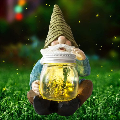 Vcdsoy Solar Firefly Jar Gnome Waterproof - Gifts for Mom Women Solar Outdoor LED Lights Resin Garden Gnome Statues Decor 10.4" Lantern Figurines Funny Decorations Outdoor Indoor Porch Decor