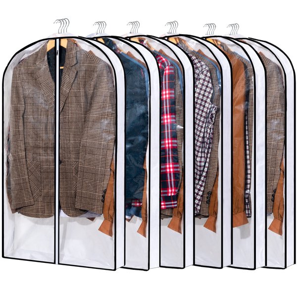 Mskitchen Hanging Clothes Bag with 4" Gusseted Garment Bag (Set of 6) for Storage Suit Bag for Closet Clear Dress Covers for Suits, Sweaters, Shirts - 24"x 40"x 4"/ 6 Pack
