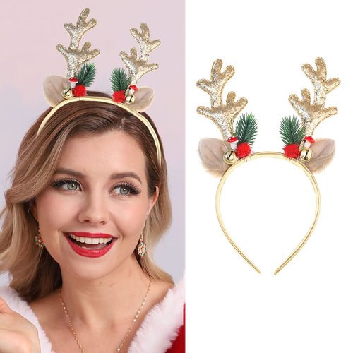 JEAIRTS Christmas Reindeer Antlers Headband Sequin Antler Ears Xmas Hair Band Cute Holiday Headbands Accessories for Women (1-Gold)