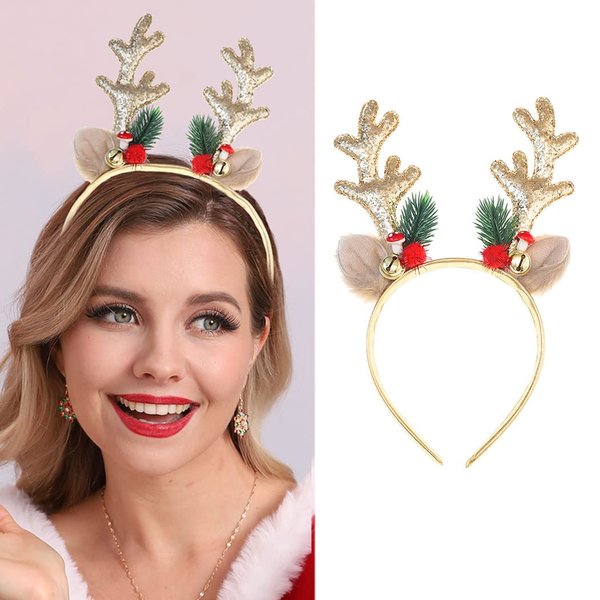 JEAIRTS Christmas Reindeer Antlers Headband Sequin Antler Ears Xmas Hair Band Cute Holiday Headbands Accessories for Women (1-Gold)