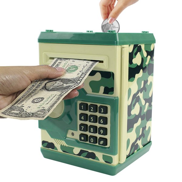 Brekya Mini ATM Piggy Bank Security Machine Best Gift for Kids,Electronic Code Piggy Bank Money Counter Safe Box Coin Bank for Boys Girls Password Lock (Camouflage Green)
