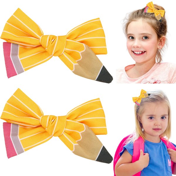 Back to School Hair Clips Pencil Yellow Hair Bows Ponytail Holder Streak Bow Hair Clips First Day of School Kindergarten Students Snap Hairpin Handmade Cheer Gifts Decor 2pcs